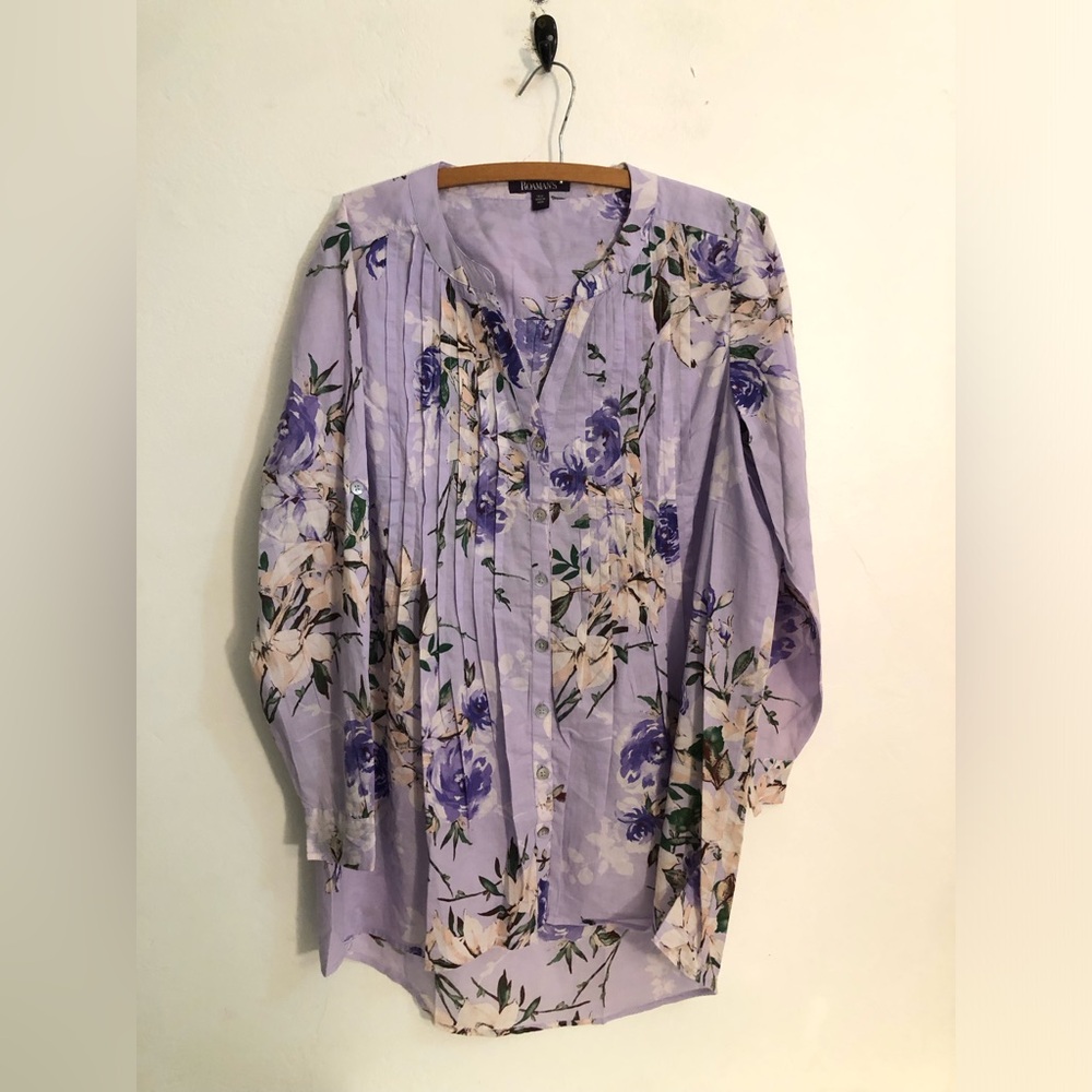 Roaman's Blouse Women’s 14W Button Down Beautiful Floral Lightweight Cotton